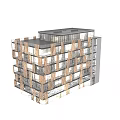 Modern Residential Building Exterior Featuring Wooden Texture Windows Balconies And Ground Floor Commercial Spaces