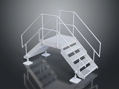 White Metal Staircase With Platform Handrails Steps And Square Support Feet 3d model
