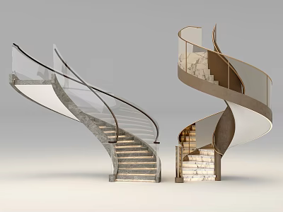 Modern Spiral Staircase Interior Design With Glass Railing And Stone Steps 3d model