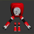 Red Square Robot With Transparent Circular Section And Smaller Red Robots On Black Surface 3d model