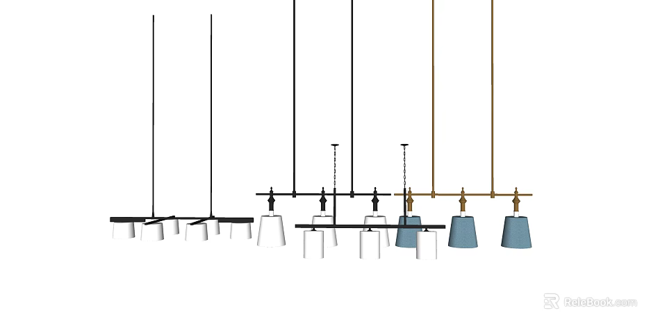 Modern Chandeliers With Black Gold Metal Arms And Blue White Lamp Shades 3d model 