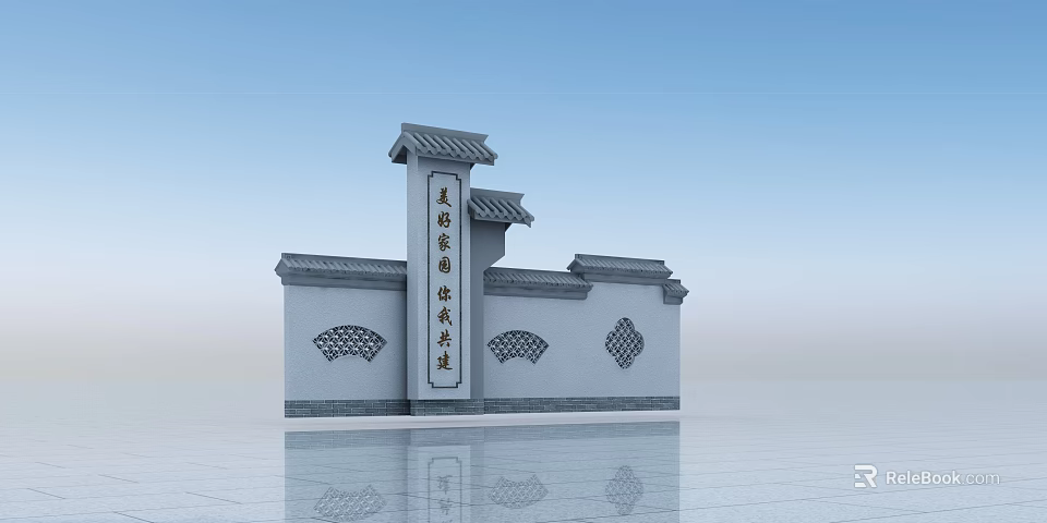 Traditional Chinese Landscape Wall With Gray Surface Fan-shaped Cutouts And Classic Roof 3d model 