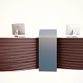 Modern Reception Desk With Brown Striped Design Blue Central Panel And Two Computer Monitors 3d model
