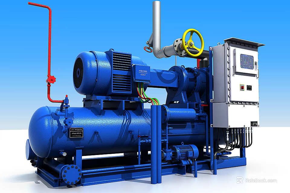 Blue Industrial Equipment Compressor Unit With Pipes Control Panel And Valve Handle 3d model 