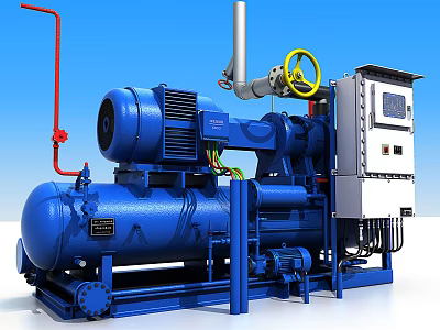 Blue Industrial Equipment Compressor Unit With Pipes Control Panel And Valve Handle 3d model