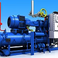 Blue Industrial Equipment Compressor Unit With Pipes Control Panel And Valve Handle