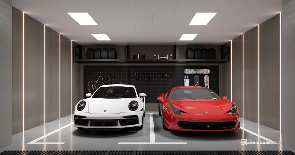 Luxury Garage Interior With White And Red Sports Cars Ceiling Lights And Wall Storage 3d model 