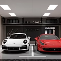 Luxury Garage Interior With White And Red Sports Cars Ceiling Lights And Wall Storage