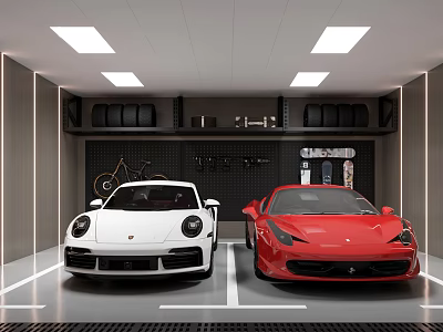 Luxury Garage Interior With White And Red Sports Cars Ceiling Lights And Wall Storage 3d model