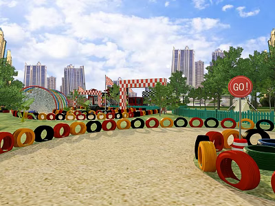 Fun Playground Featuring Colorful Tire Obstacles Sand Ground GO Sign And City Skyline 3d model