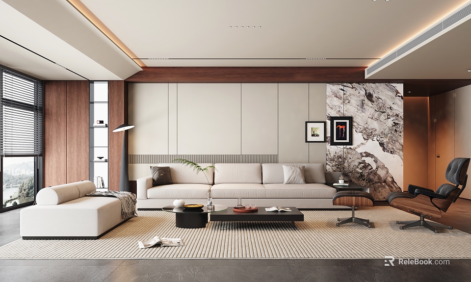 Modern Living Room Interior Design With Comfortable Sofa Decorative Paintings Coffee Table And Area Rug 3d model 