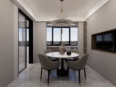 Modern Restaurant Interior Featuring Round Dining Table Gray Chairs Flower Vase Chandelier And Large Windows 3d model