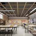 Book Art Workshop Interior With Long Tables Stools Bookshelves And Display Wall
