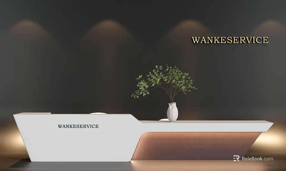 Modern Reception Desk Interior With Dark Wall Golden WANKESERVICE Lettering White Vase And Green Plant 3d model 