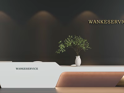 Modern Reception Desk Interior With Dark Wall Golden WANKESERVICE Lettering White Vase And Green Plant 3d model