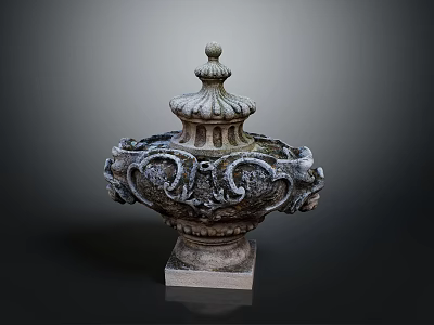 Ornate Stone Decorative Urn With Intricate Carvings Pedestal Base And Ornate Top 3d model