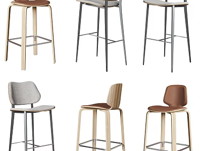 Various Modern Bar Stools With Wooden Metal Frames And Brown Gray Seats 3d model