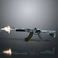 Rifle With Intricate Pattern And Muzzle Flame On Gray Background With Reflection
