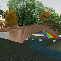 Scenic Wooden Landscape Bridge With Rainbow Arch Over Clear Water And Green Trees