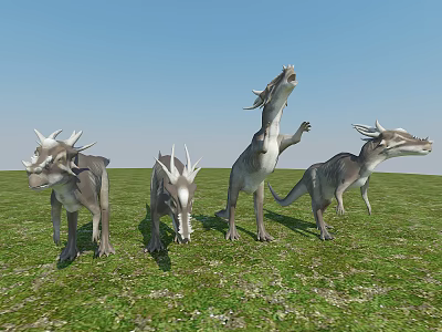Four Reptile Dinosaurs Standing On Green Grassland Some Looking Up Blue Sky 3d model