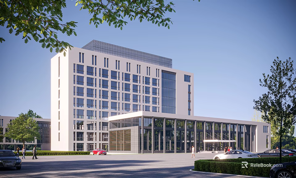Modern Office Building Exterior Design With Large Windows Trees And Vehicles 3d model