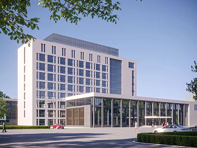 Modern Office Building Exterior Design With Large Windows Trees And Vehicles 3d model