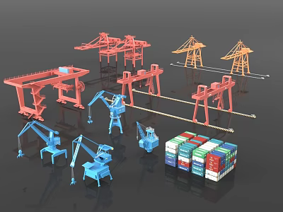 Industrial Equipment Featuring Gantry Tower Cranes And Container Stacks For Logistics Operations 3d model