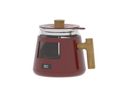 Red Electric Kettle Kitchen Appliance with Glass Body Wooden Handle and Temperature 3d model