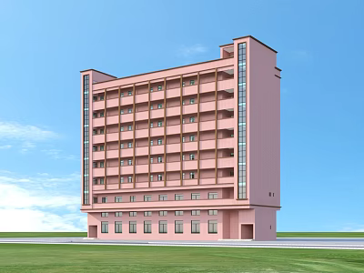 Pink Multi Story Office Building With Numerous Windows Blue Sky And Green Lawn 3d model