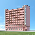 Pink Multi Story Office Building With Numerous Windows Blue Sky And Green Lawn