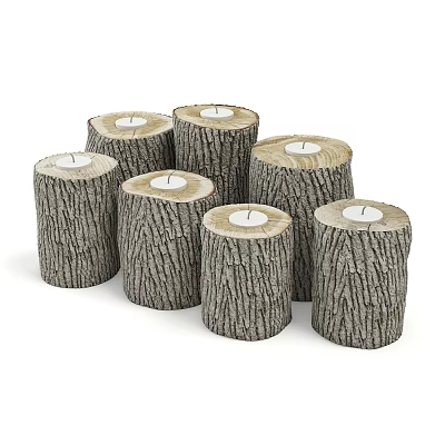 Natural Wooden Stump Candle Holder Decorative Ornament Set With Tree Bark Texture 3d model