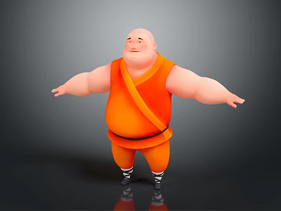 3D Animated Game Movie Character Chubby Monk In Orange Robe With Arms Outstretched Standing Pose 3d model