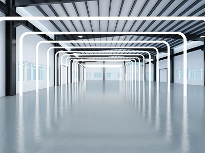 Industrial Factory Spacious Interior With Metal Frame Structure High Ceiling And Reflective Floor 3d model