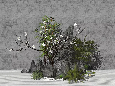 Decorative Garden Ornament With Stone Arrangement Flowering Branches And Green Plants 3d model