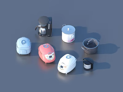 Assorted Colorful Kitchen Appliances Including Rice Cookers Coffee Maker Pots In Different Colors 3d model
