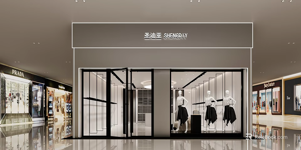 SHENGDIYI Clothing Store with Window Display Mannequins in Black Dresses Modern Glass Door Bright Interior 3d model 