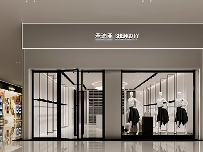 SHENGDIYI Clothing Store with Window Display Mannequins in Black Dresses Modern Glass Door Bright Interior 3d model