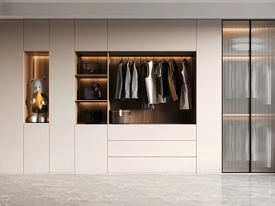 Modern Wardrobe Interior Design With Hanging Clothes Drawers Shelves And LED Lighting 3d model