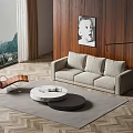 Modern Minimalist Beige Sofa And Round Coffee Table Set With Wooden Wall Decor