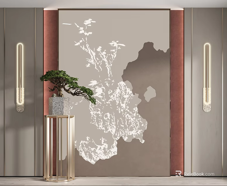 Chinese Style Background Wall With White Floral Pattern Golden Lamps And Potted Plant Decor 3d model 