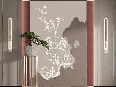 Chinese Style Background Wall With White Floral Pattern Golden Lamps And Potted Plant Decor 3d model