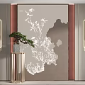 Chinese Style Background Wall With White Floral Pattern Golden Lamps And Potted Plant Decor