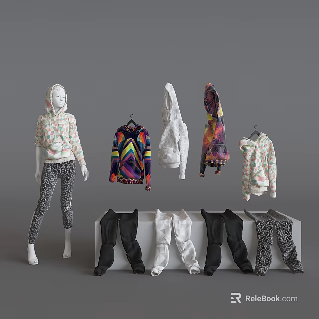 Model Showcasing Colorful Hoodies And Patterned Pants In Various Styles Collection 3d model