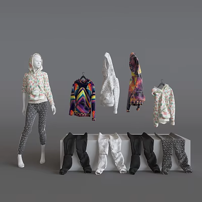 Model Showcasing Colorful Hoodies And Patterned Pants In Various Styles Collection 3d model