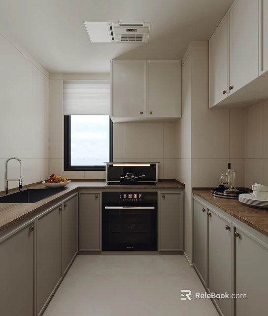 Modern Kitchen Interior With Light Gray Cabinets Wooden Countertop Oven Sink And Window 3d model 