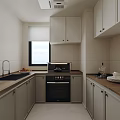 Modern Kitchen Interior With Light Gray Cabinets Wooden Countertop Oven Sink And Window