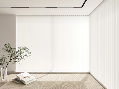 White Blinds In Modern Interior Room With Large Window Natural Light Plant Books And Carpet 3d model