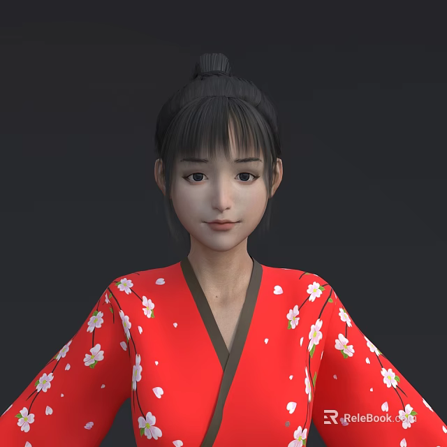 Woman with Bun Hairstyle in Red Kimono with White Floral Patterns on Dark Background 3d model 