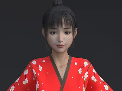 Woman with Bun Hairstyle in Red Kimono with White Floral Patterns on Dark Background 3d model