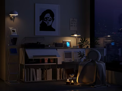 Stylish Decorative Cabinet With Radio Table Lamp Plants Books Wall Art And Night View 3d model